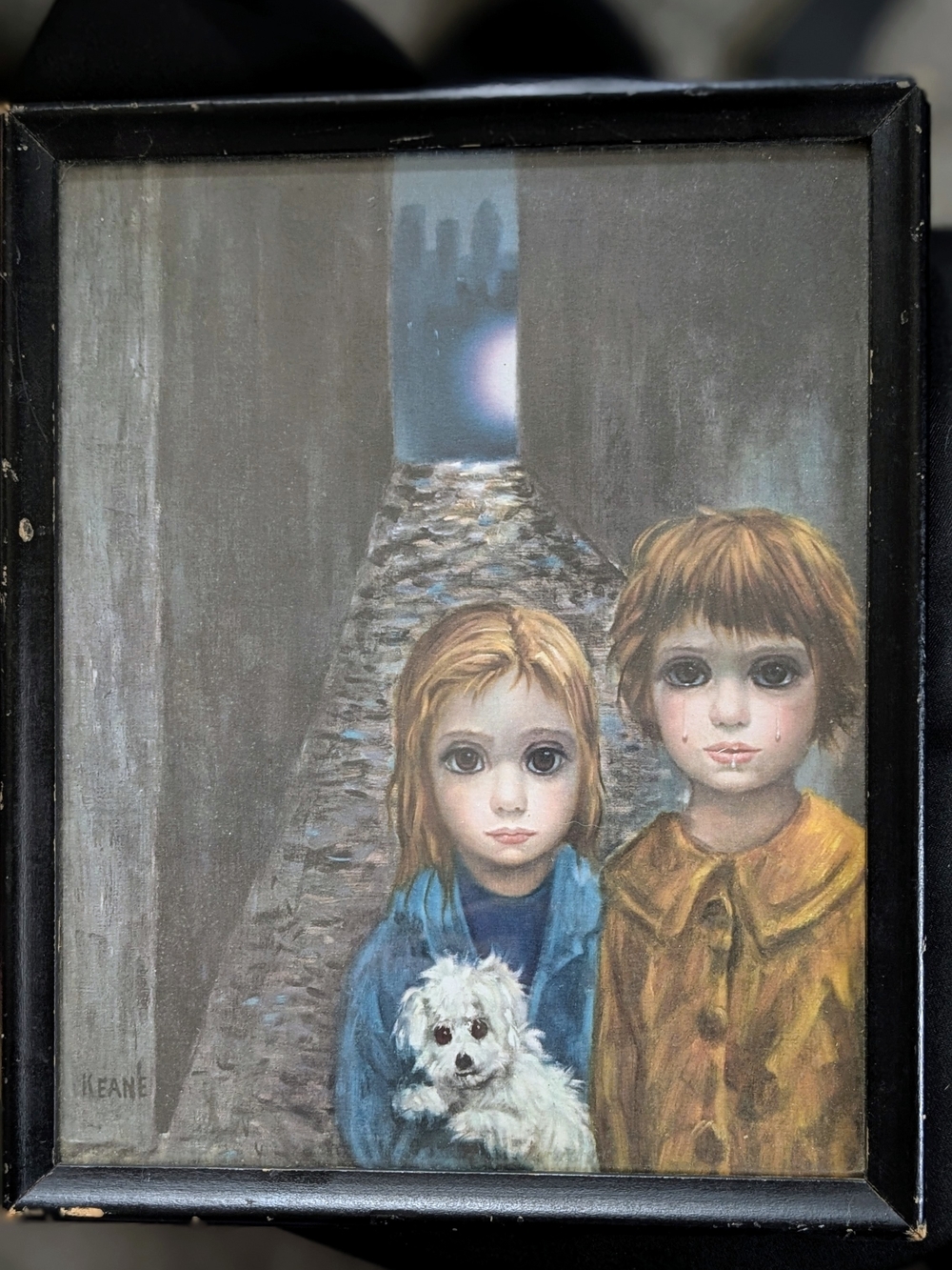 Vintage Framed "Big Eyes" Print Signed Keane – Two Sad Children & Dog Mid-Centur